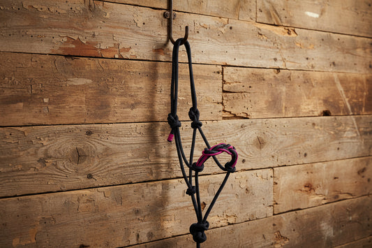 wildwestrebell repgrimma   Rope halter fuschia/navy flätad  med grimskaft