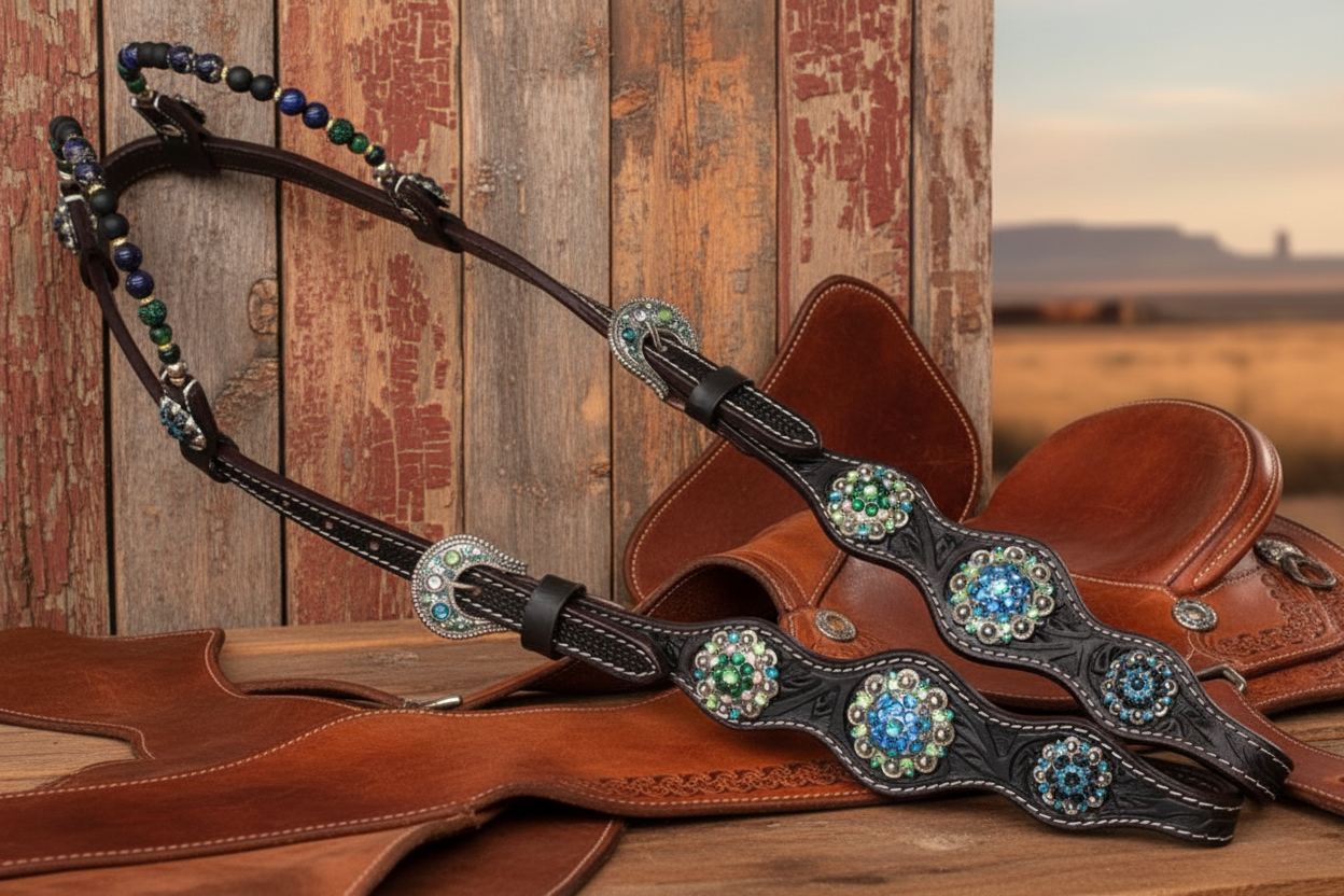 Wildwestrebell Westernträns med två one ears ¨pearl  turkos/grön blå