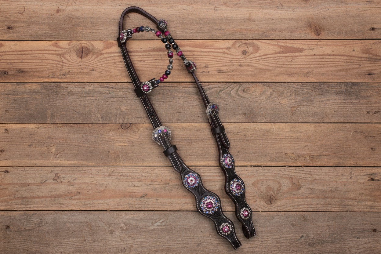 Wildwestrebell Westernträns med två one ears pearl  rosa lila toner
