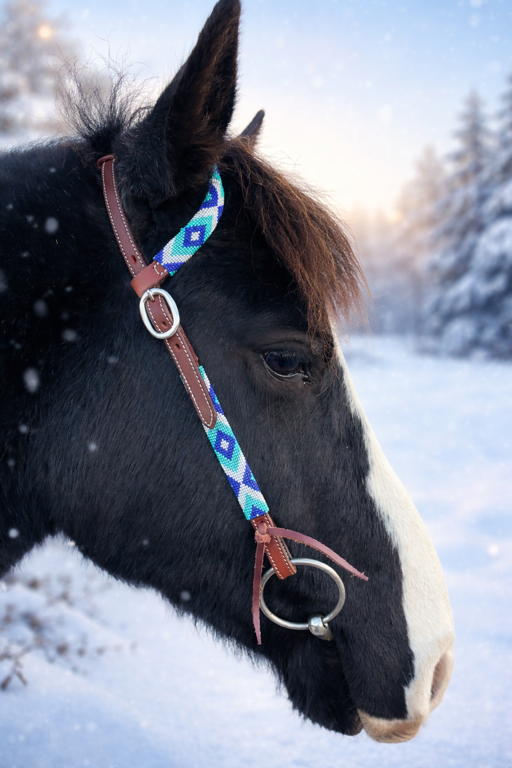 wildwestrebell Westernträns med Pärlor – One Ear Headstall i Dark Chestnut & Blå Toner