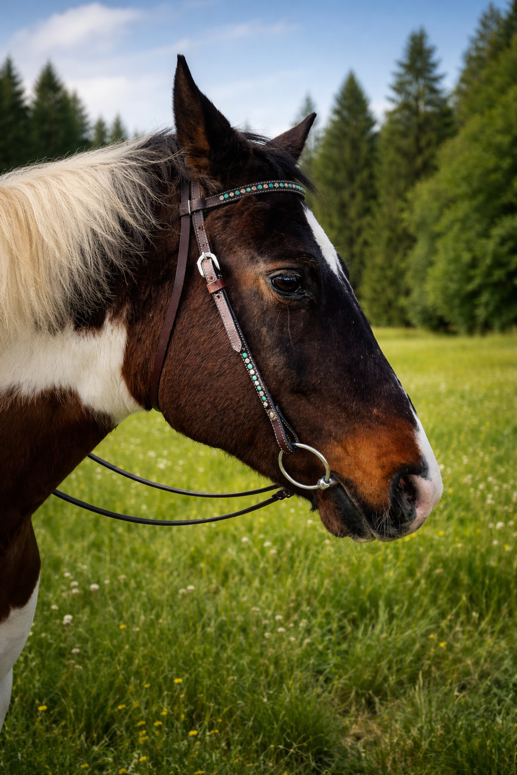 Westernträns med pannband, turkosa stenar och vita strass"
